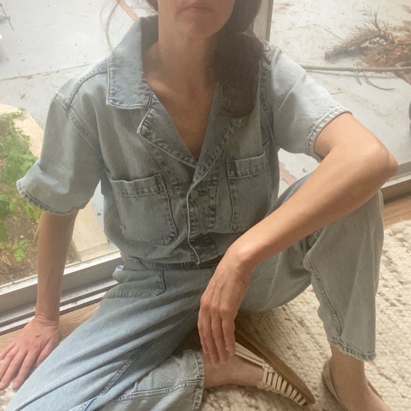 Pistola Short Sleeve Utility Denim Jumpsuit “Breeze” Wash, Size M - Picture 1 of 13